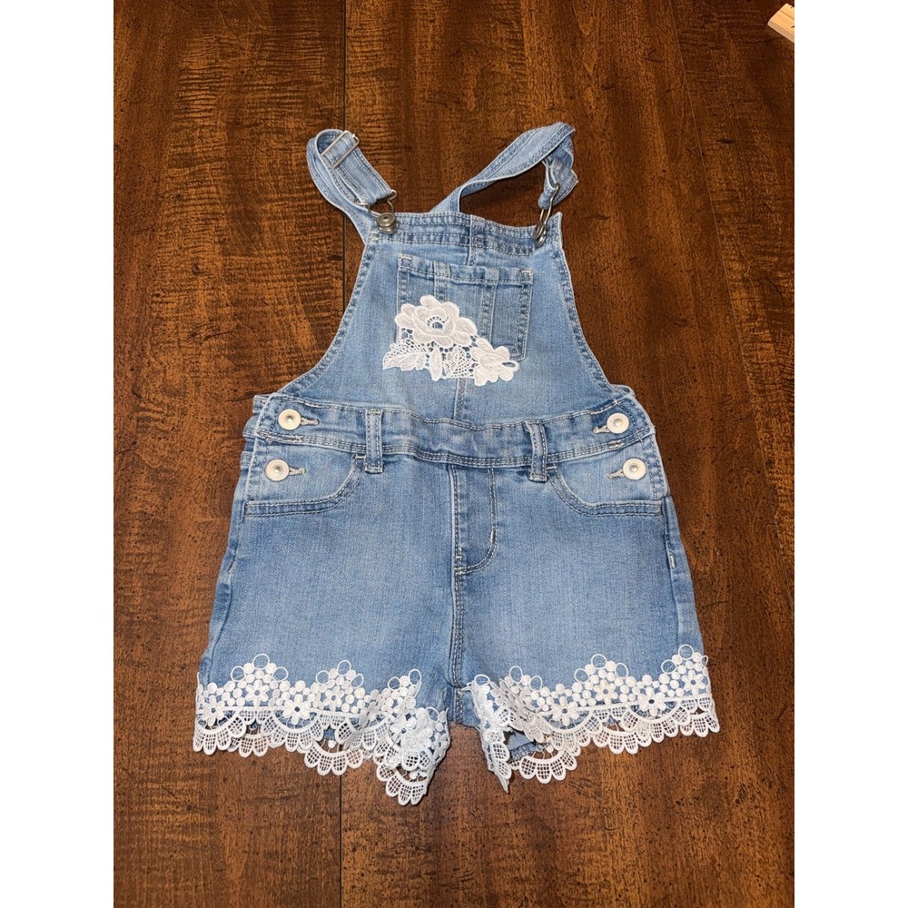 Wonder Nation Girls 4T Denim Shortalls Light Wash White Lace Floral Overall